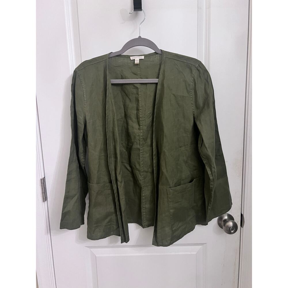 Eileen Fisher Organic Linen Open-Front Small Jacket Green Lagenlook Quiet Luxury